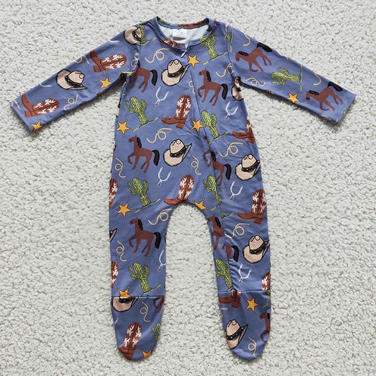 LR0230 Baby Boy Newborn Western Horse Zipper Romper Footed Coverall