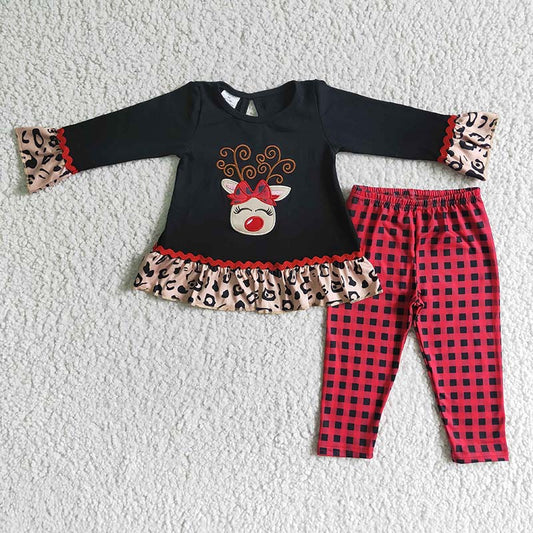 6 A18-27 Embroidered Christmas Deer Baby Girl Pants Set