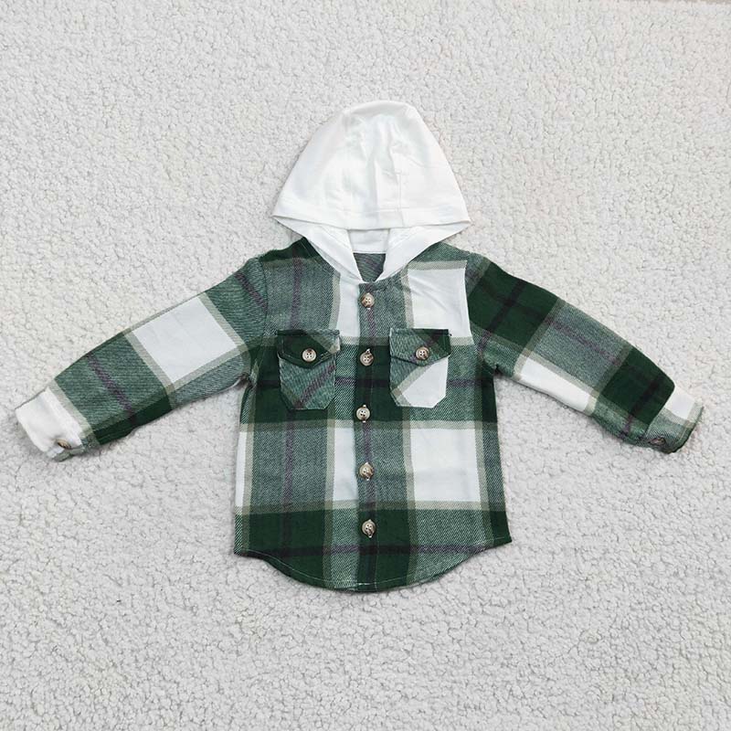 BT0209 Baby Boy Green Plaid Shirt Pocket Flannel Button Up Hoodie