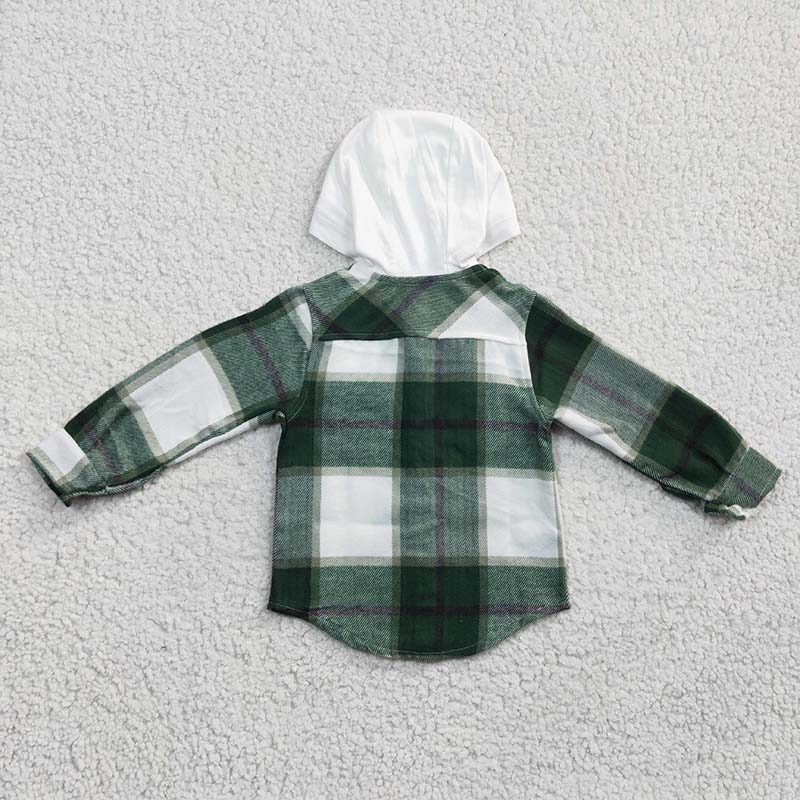 BT0209 Baby Boy Green Plaid Shirt Pocket Flannel Button Up Hoodie