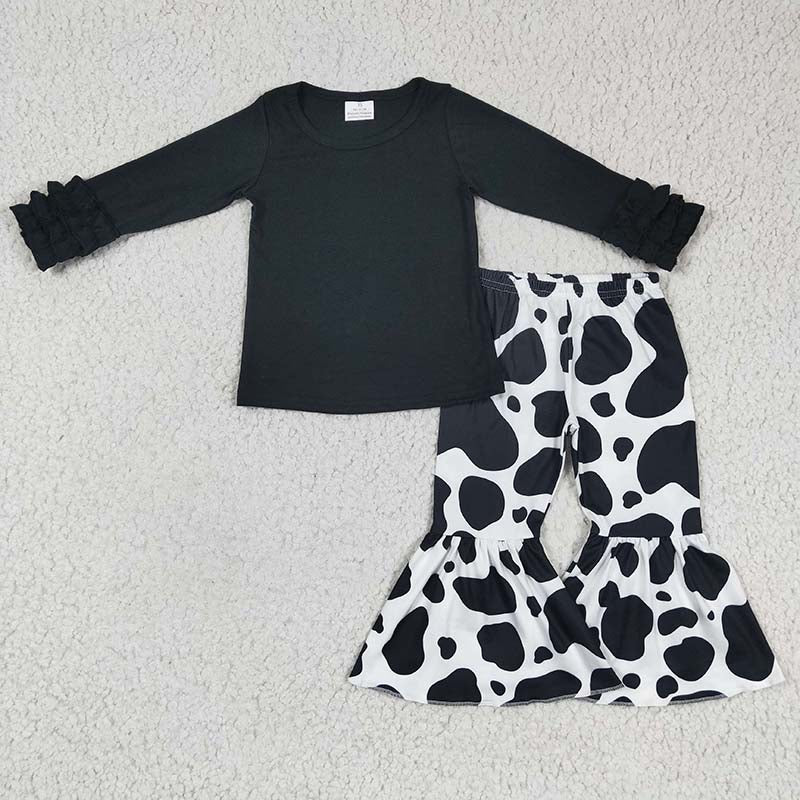 Baby Girl Cotton Black Long Sleeves Shirt Western Cow Print Bell Pants Set