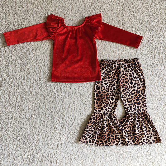 GLP0312 Baby Girl Red Velvet Leopard Bell Pants Kids Fall Outfit