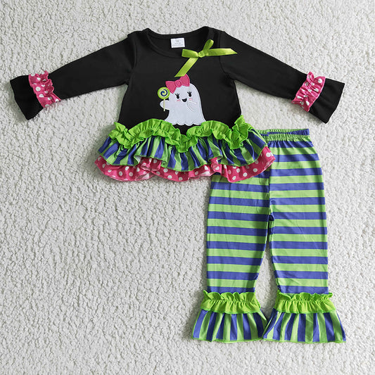 GLP0182 Baby Girl Halloween Embroidery Ghost Striped Pants Outfit