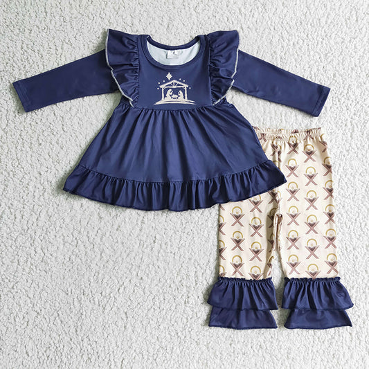 6 B11-25 Baby Girl Kids Christmas Navy Ruffle Pants Nativity Outfit