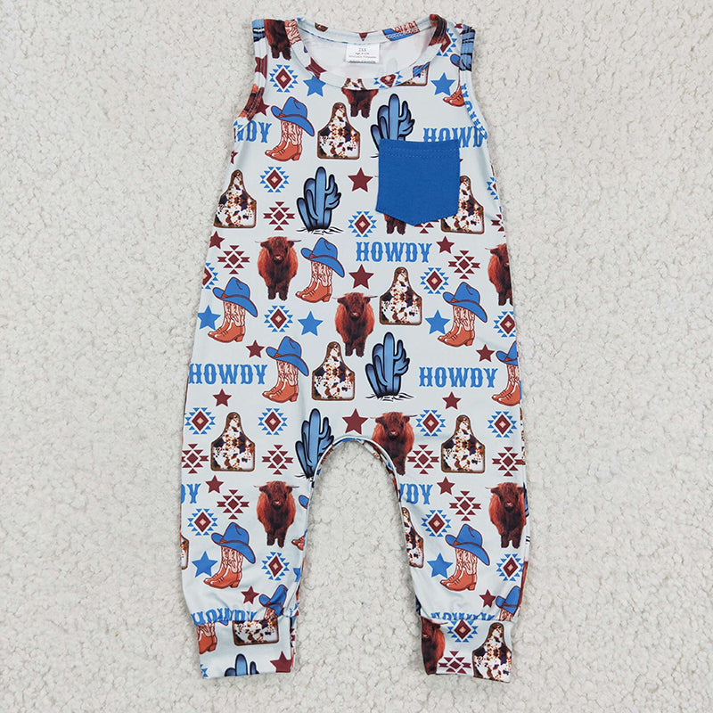 SR0115 Western Cow Howdy Baby Boy Pocket Sleeveless Romper