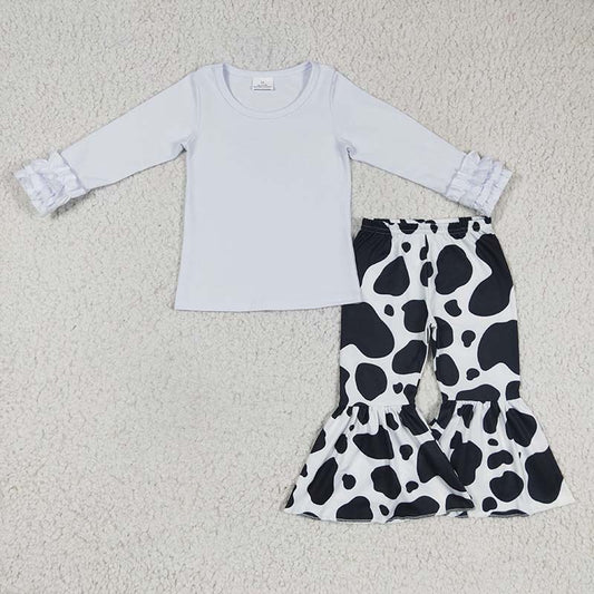 Baby Girl Cotton White Long Sleeves Shirt Western Cow Print Bell Pants Set