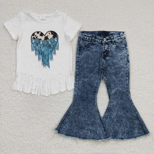 Baby Girl Western Short Sleeves Tassel Shirt Denim Pants Outfit