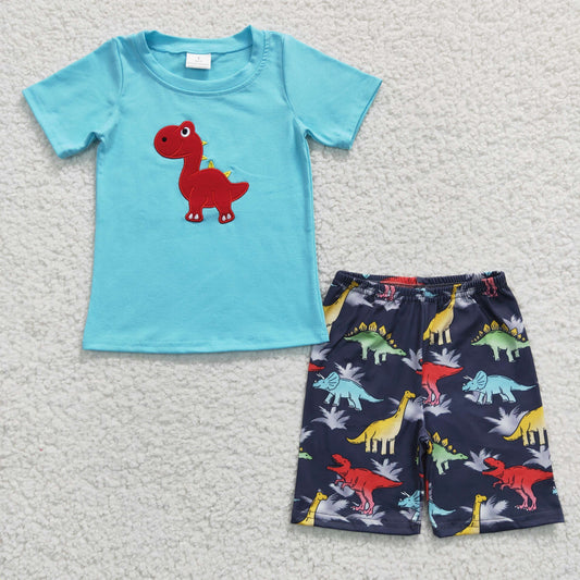 BSSO0184 Baby Boy Embroidery Dinosaur Short Sleeves Cotton Shirt Shorts Summer Outfit