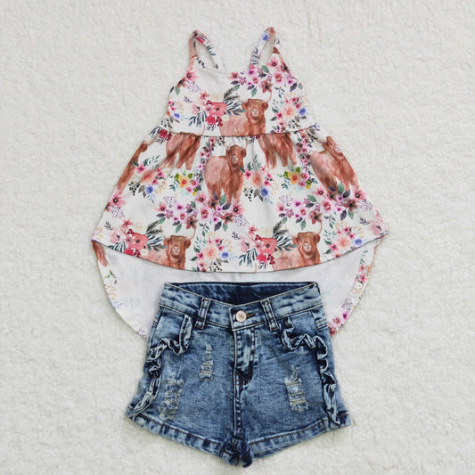 Baby Little Girl Western Cow Floral Top Denim Shorts Outfit