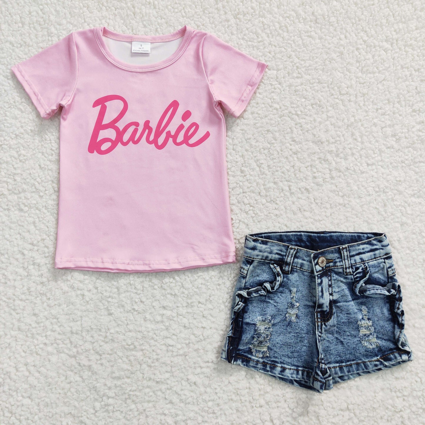 Baby Little Girl Short Sleeves Letter Pink Shirt Denim Shorts Outfit