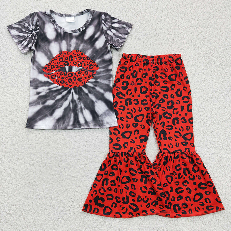 C10-11 Baby Girl Red Lip Leopard Bell Pants Outfit