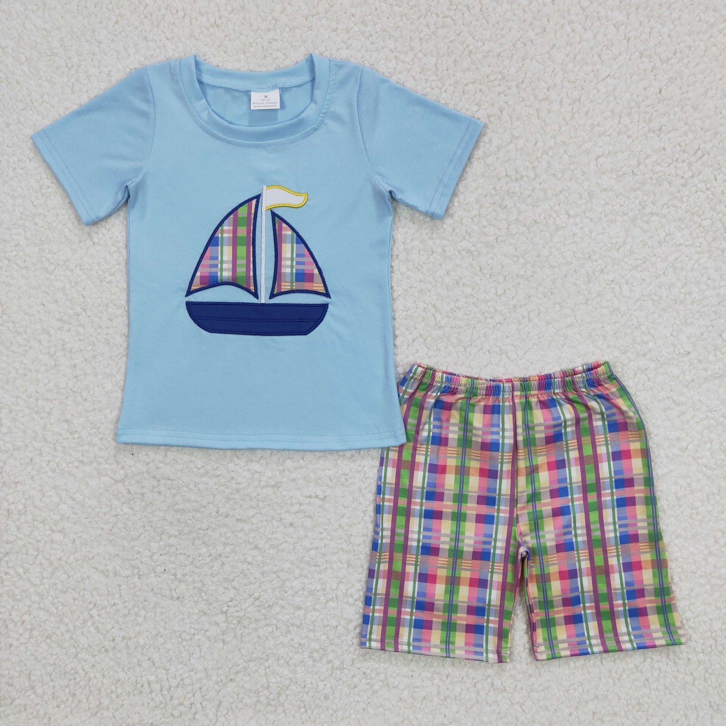 BSSO0127 Summer Baby Boy Short Sleeves Embroidery Boat Cotton Shirt Plaid Shorts Outfit