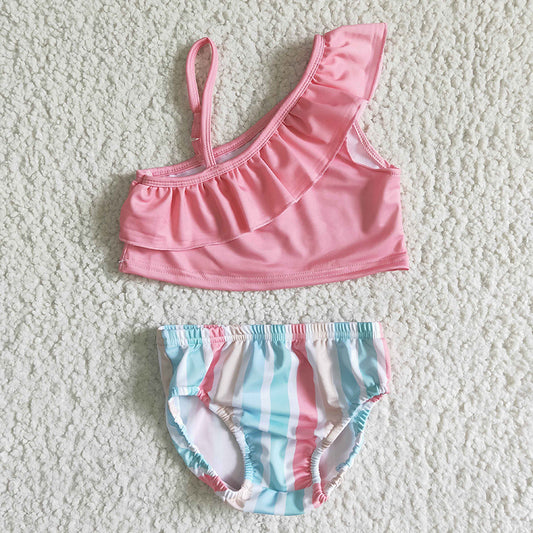 S0021 One Shoulder Pink Stripe Swimsuit Outfit