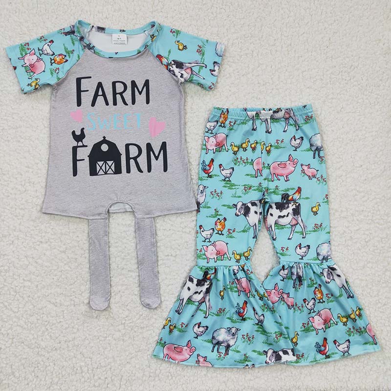 Promotion Baby Girl Farm Short Sleeves Shirt Bell Pants Outfit