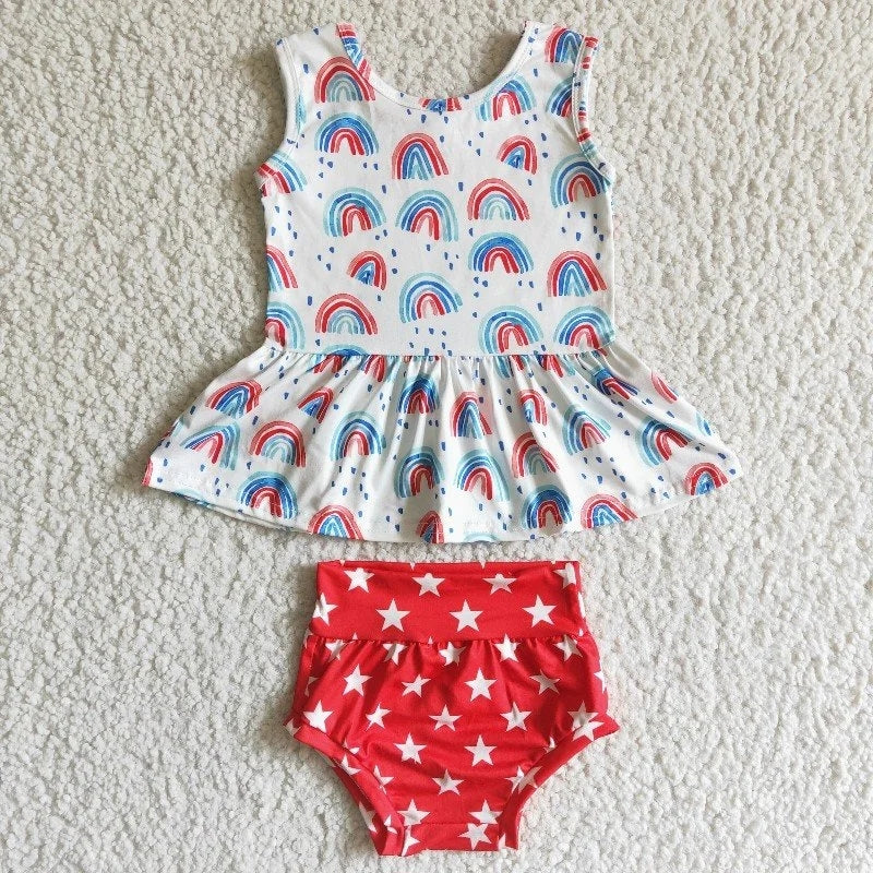 GBO0014 Baby Girl July 4th Rainbow Stars Bummies Summer Outfit