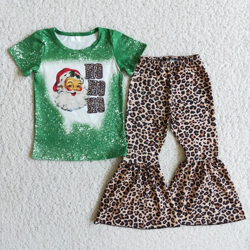 D1-5 Christmas Santa Baby Girl Green Ho Ho Ho Leopard Bell Pants Set