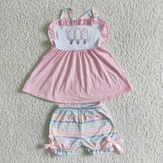 GSSO0012 Baby Girl Summer Popsicle Embroidery Stripe Shorts Outfit