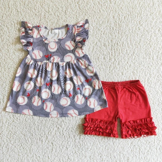 Baby Girl Summer Baseball Ruffle Red Shorts Outfit