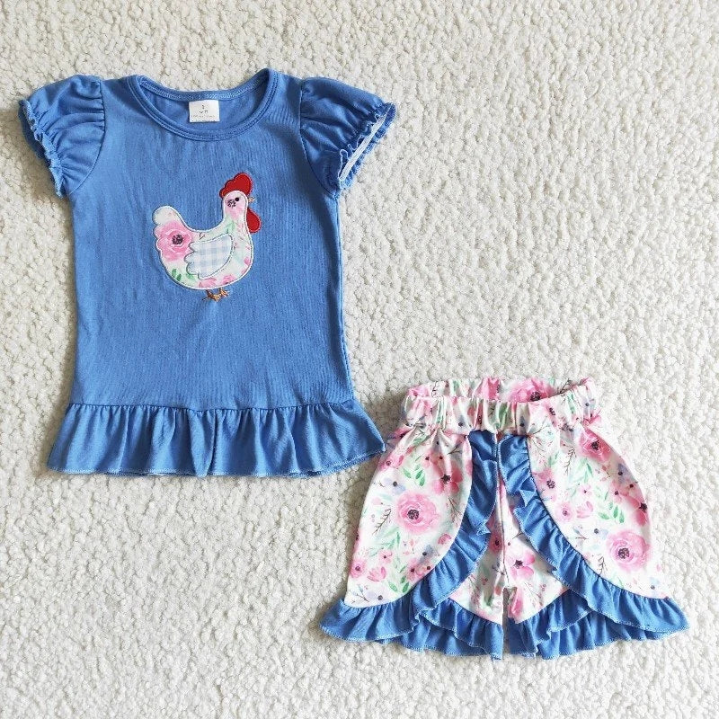 GSSO0020 Baby Girl Summer Hen Embroidery Floral Shorts Outfit