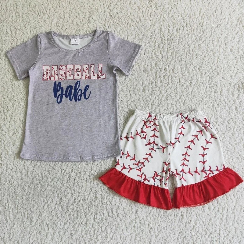 GSSO0018 Baby Girl Summer Baseball Babe Ruffle Shorts Outfit
