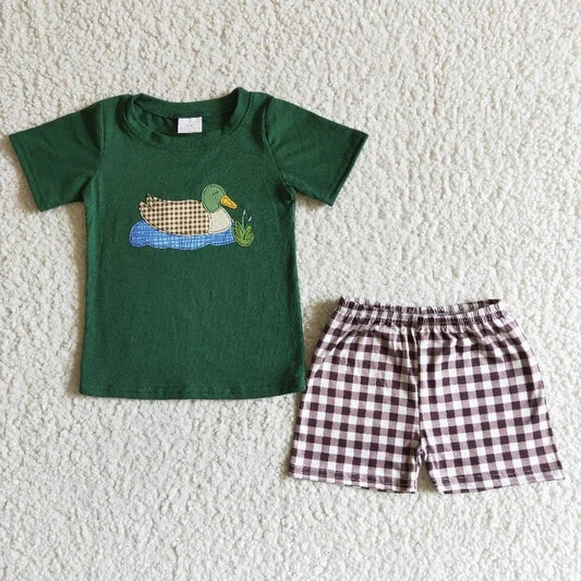 BSSO0007 Baby Boy Duck Embroidery Plaid Shorts Summer Outfit