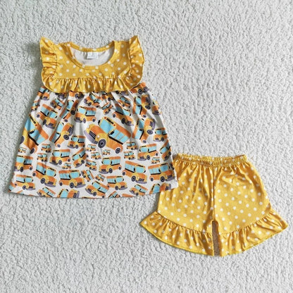 GSSO0075 Baby Girl School Bus Summer Shorts Outfit