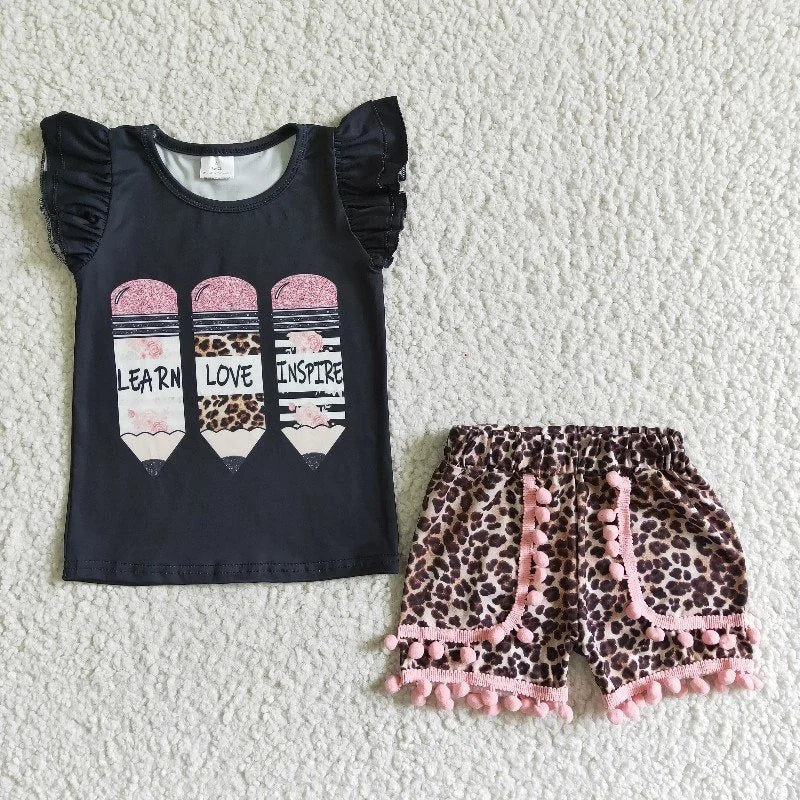 GSSO0117 Baby Girl School Pencil Summer Learn Love Inspire Leopard Shorts Outfit