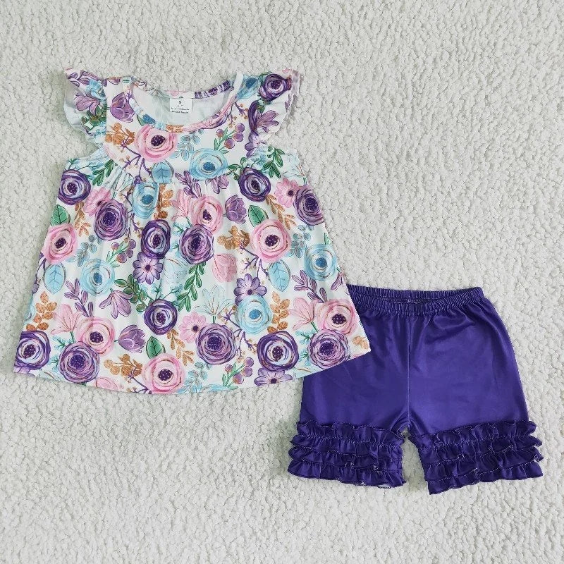 Baby Girl Summer Floral Purple Ruffle Shorts Outfit