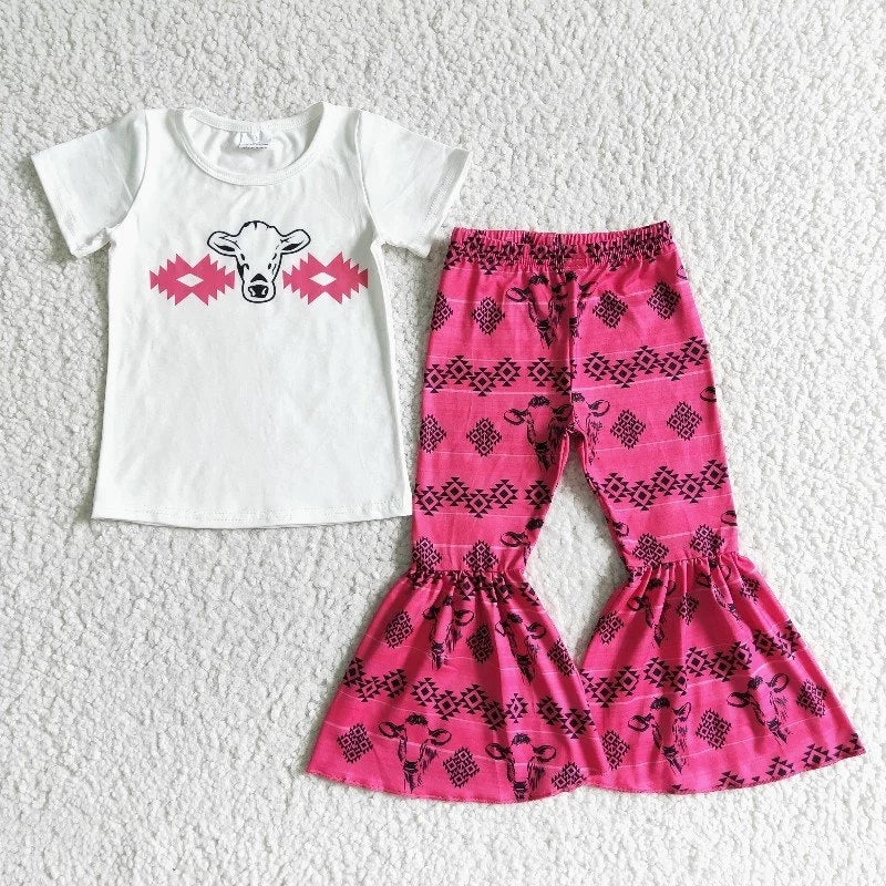 GSPO0049 Pink Baby Girl Cow Bell Pants Set