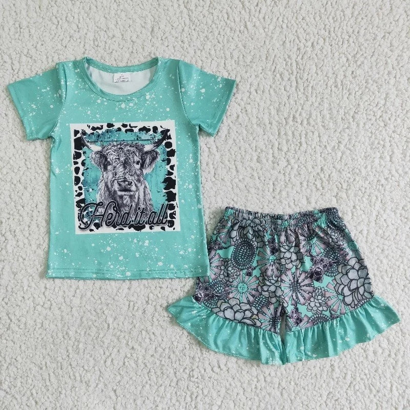 GSSO0066 Baby Girl Cow Green Shorts Summer Outfit
