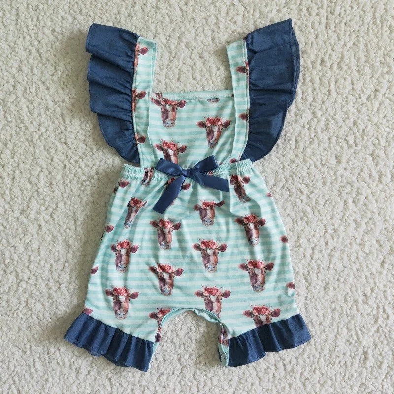 SR0004 Baby Girl Cow Stripe Ruffle Shorts Romper