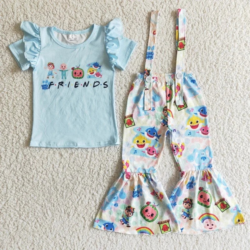 GSPO0040 Baby Girl Friends Blue Cartoon Overalls Outfit