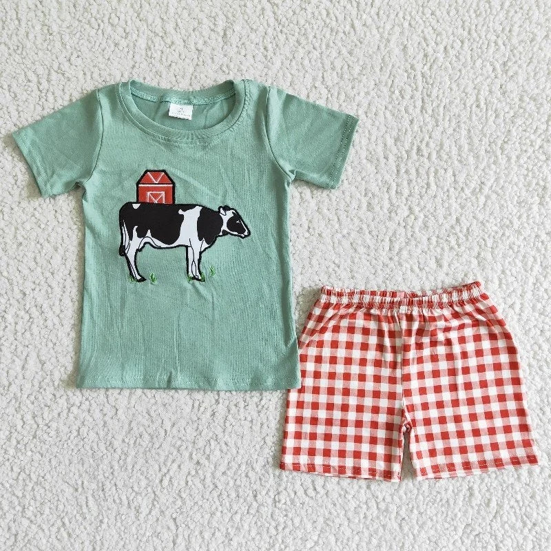 BSSO0001 Baby Boy Summer Embroidery Cow Red Plaid Shorts Outfit