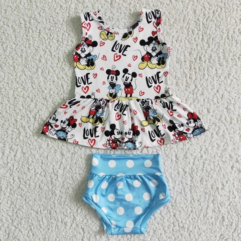 GBO0011 Summer Baby Girl Cartoon Blue Dots Bummies Outfit