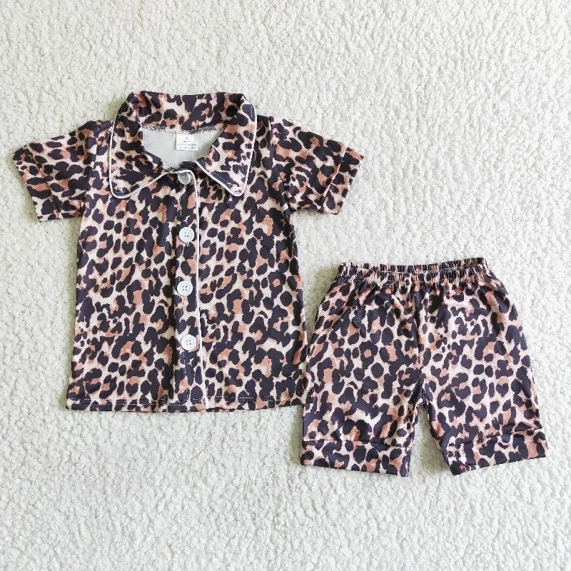 B14-25 Baby Girl Summer Leopard Pajamas Shorts Outfit