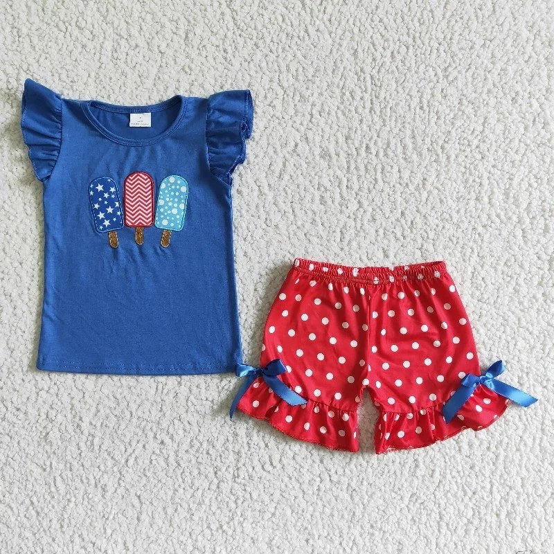 GSSO0090 July 4th Baby Girl Embroidery Popsicle Red Dots Shorts Outfit