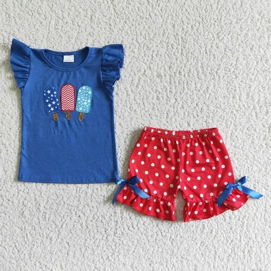 GSSO0090 July 4th Baby Girl Embroidery Popsicle Red Dots Shorts Outfit