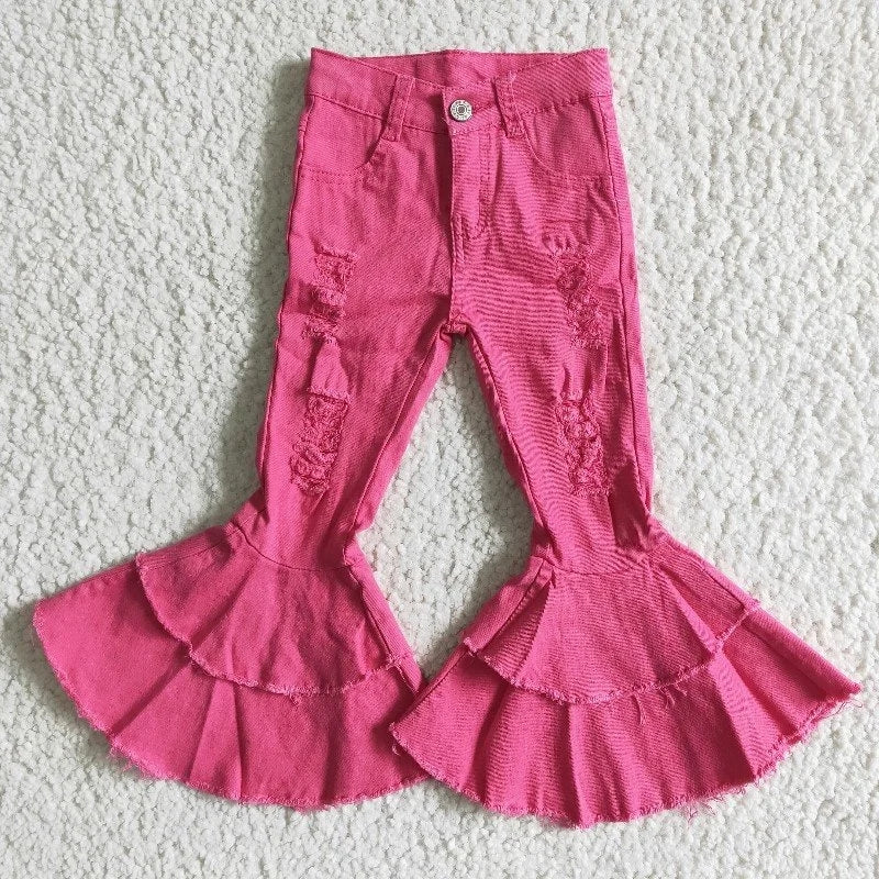 D14-14 Baby Girls Denim Double Ruffle Rose Red Jeans