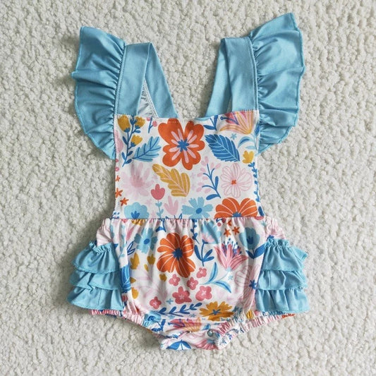 SR0037 Baby Girl Blue Flower Ruffle Romper