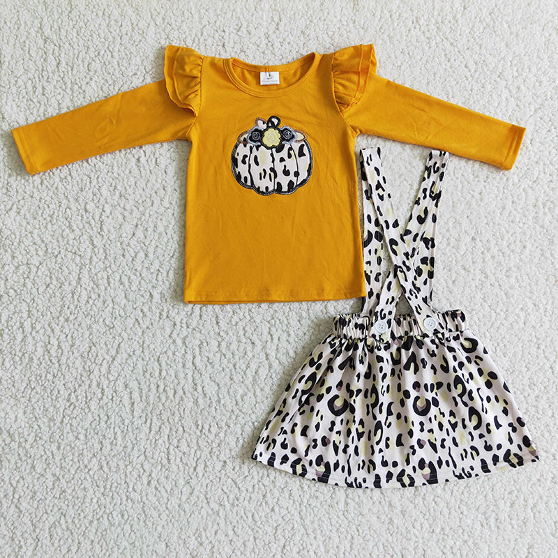 GLD0008 Baby Girl Embroidery Leopard Pumpkin Top Skirt Outfit