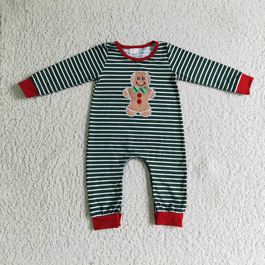 6 A27-2 Christmas Gingerbread Baby Boy Embroidery Striped Romper