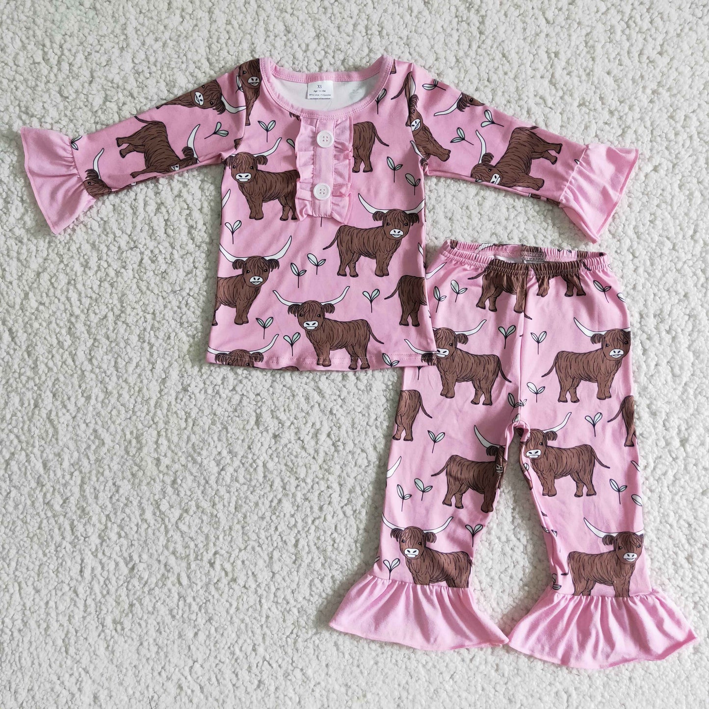 6 A11-12 Western Cow Baby Girl Pink Long Sleeve Pajamas