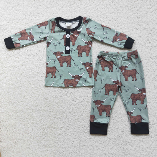 6 C11-23 Western Cow Baby Boy Green Pajamas Outfit