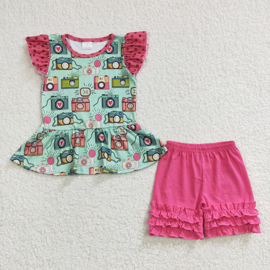B8-21 Baby Girl Short Sleeves Camera Top Ruffle Cotton Shorts Summer Outfit