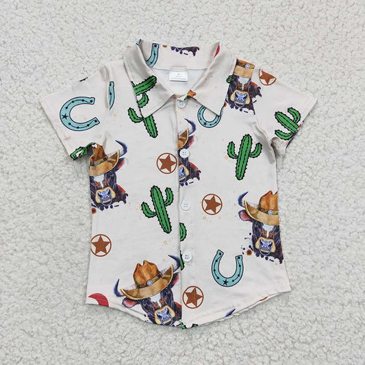 BT0213 Baby Boy Western Cactus Cow Short Sleeves Summer Button Up Shirt