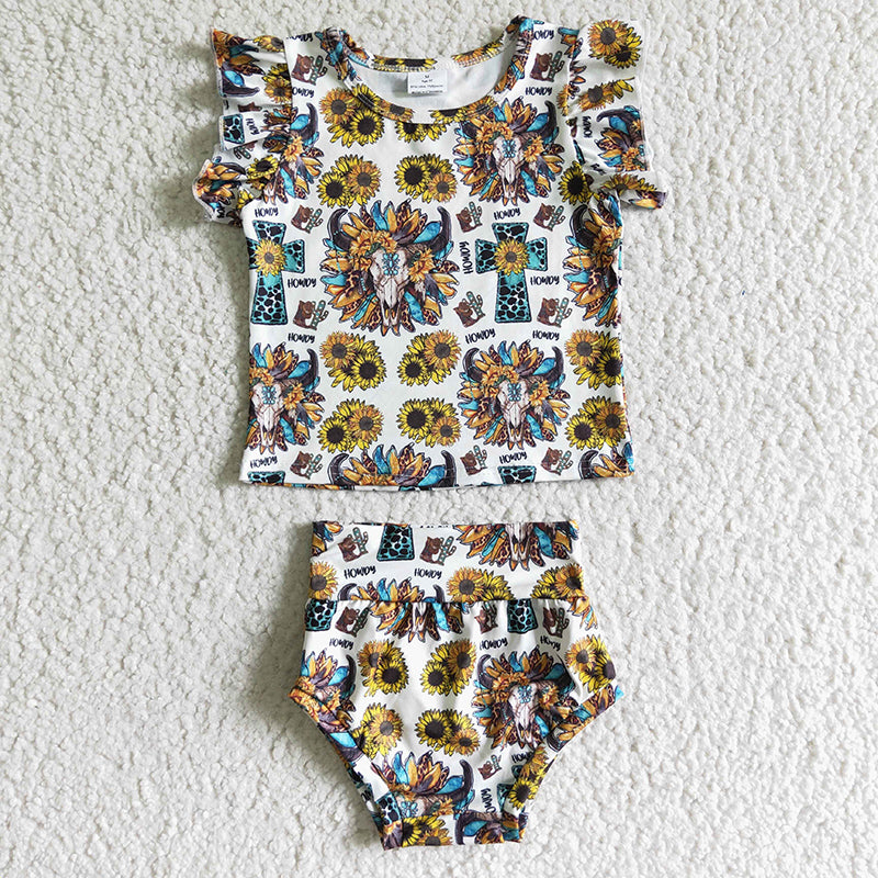 GBO0047 Western Cow Sunflower Bummies Shorts Outfit