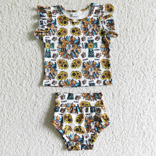 GBO0047 Western Cow Sunflower Bummies Shorts Outfit