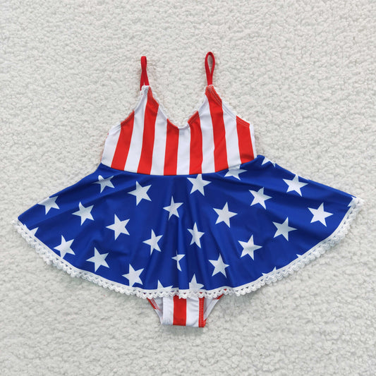 S0091 Baby Girl July 4th One Piece Star Striped Swimsuit