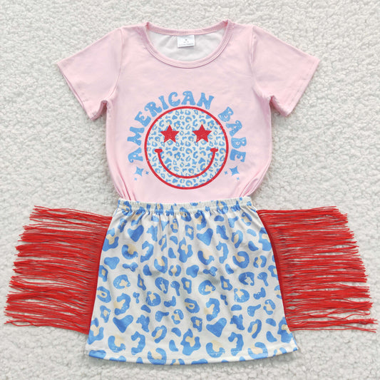GSD0339 July 4th Baby Girl Summer Short Sleeves Face Shirt Blue Leopard Tassel Skirt Outfit