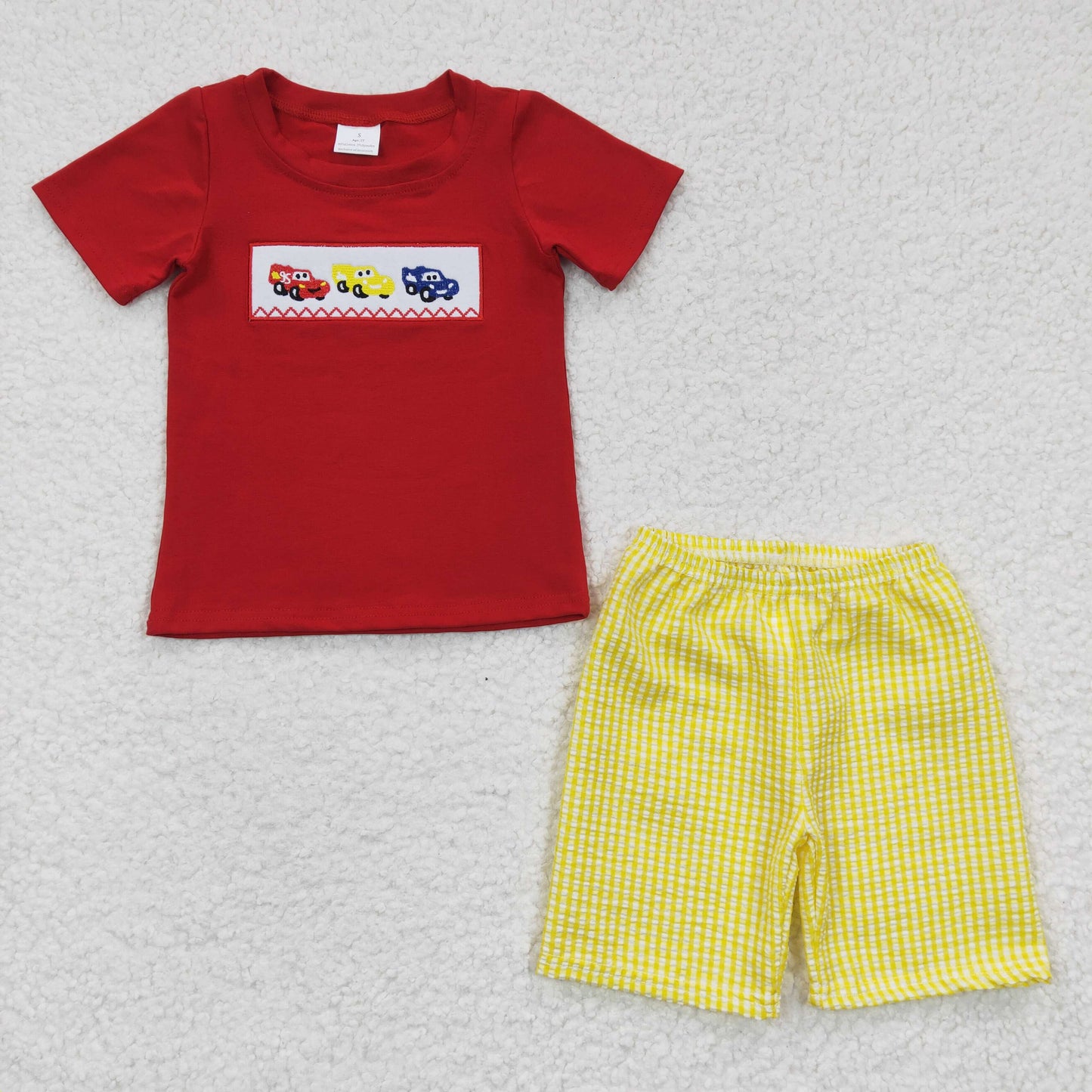 BSSO0133 Summer Baby Boy Short Sleeves Embroidery Car Cotton Shirt Seersucker Shorts Outfit
